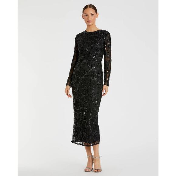 Mac Duggal | Black High Neck Long Sleeve Embellished Dress - Picture 1 of 8